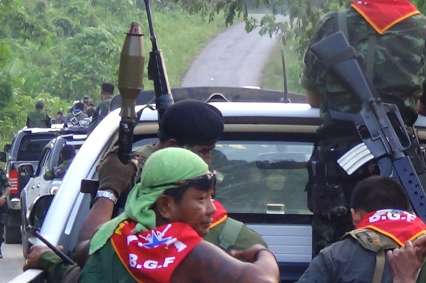 ENG_BUR_BorderGuardInterview_01242024.2.jpg Members of the Border Guard Force patrol the Mae Tha Waw area of southeastern Myanmar’s Kayin state, Sept. 24, 2016. (Saw Tar Too/AFP)