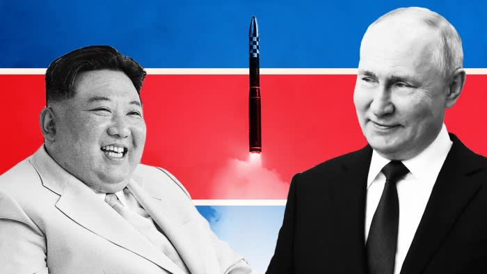 Montage image of Kim Jong Un, Vladimir Putin and a missile