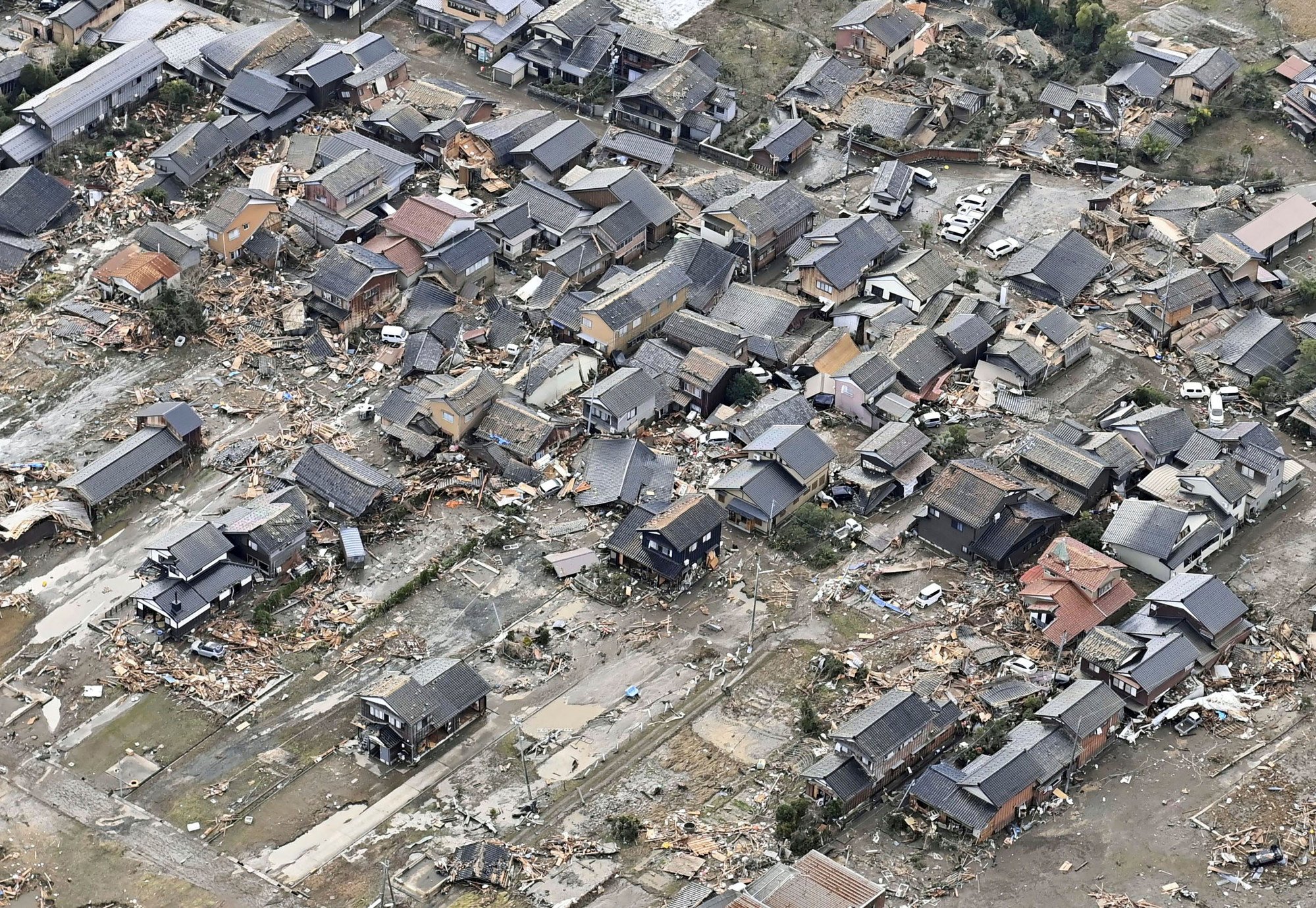 Destroyed houses in earthquake-hit Suzu, Ishikawa prefecture, on Tuesday. Photo: Kyodo News via AP
