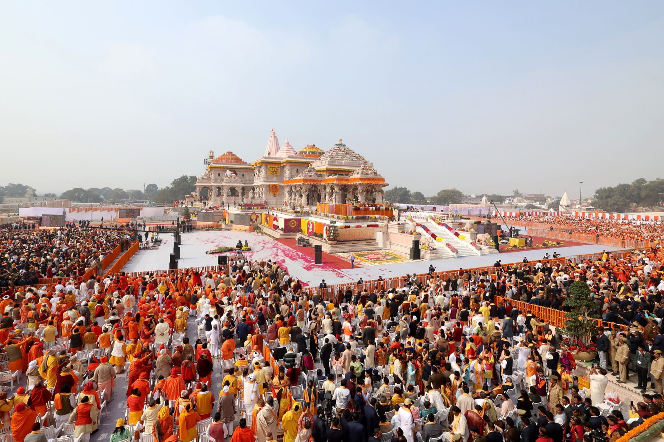 Crowds surround the Ram temple in Ayodhya in India’s Uttar Pradesh on Monday