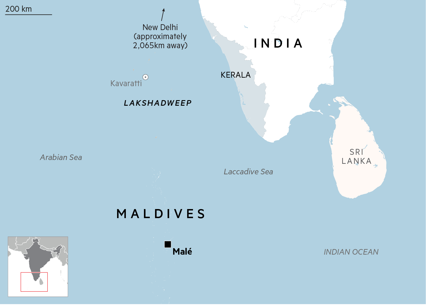 Map of India showing Lakshadweep, and neighbouring Maldives