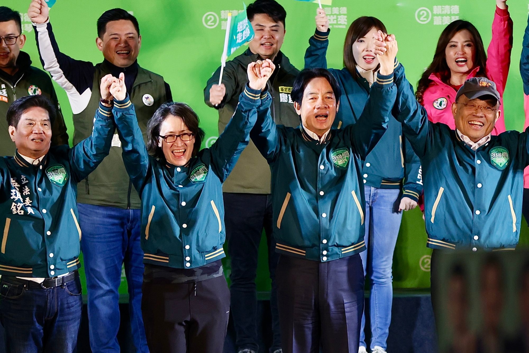DPP candidate William Lai Ching-te (centre, right) and his running mate Hsiao Bi-khim (centre, left) during a campaign rally in New Taipei City. Photo: EPA-EFE