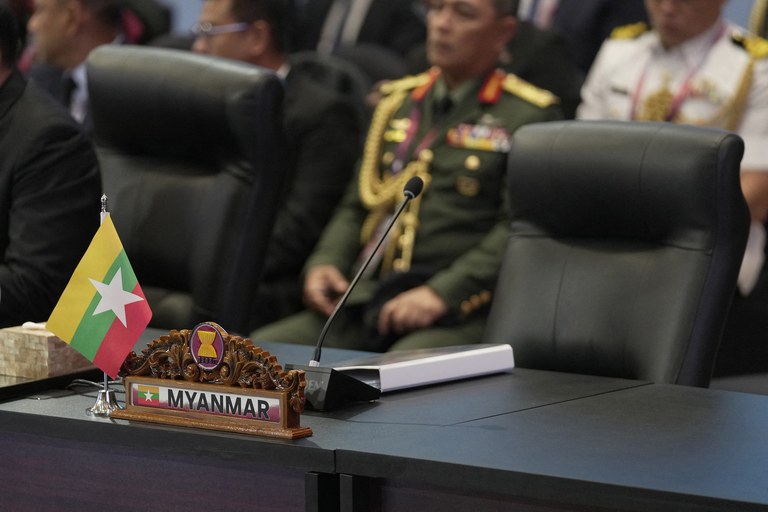 ENG_BUR_ASEANEnvoy_01092024.2.jpg The seat reserved for Myanmar's head of delegation remains empty during the opening session of the 17th ASEAN Defense Ministers' Meeting in Jakarta, Indonesia, Nov. 15, 2023. (Dita Alangkara/Pool/AFP)