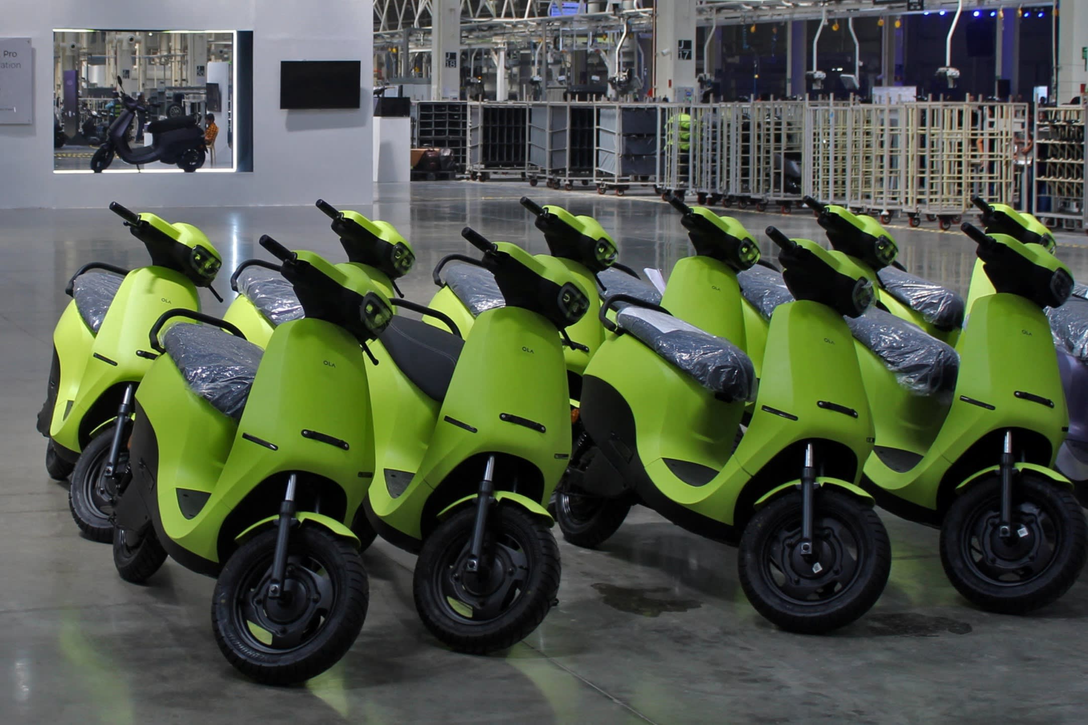 Ola Electric’s S1 Air e-scooters come off the production line at its new manufacturing facility in Pochampalli in the southern state of Tamil Nadu