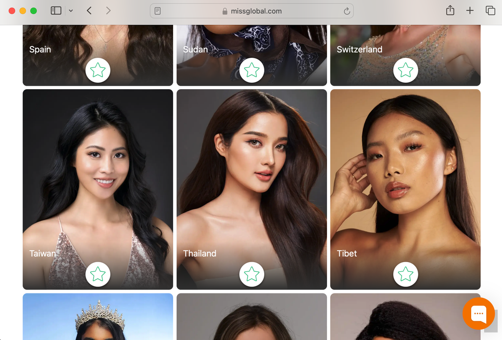 Miss Taiwan Linda Huang (L) and Tenzin Paldon, the Tibetan contestant, are seen on the Miss Global 2023 website. (Miss Global 2023 website)