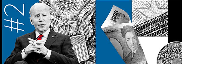 2. Joe Biden with images reflecting various national bonds, from euros and yen to gilts and treasuries