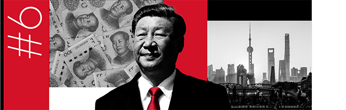 6. Xi Jinping, some Chinese banknotes and the skyline in Beijing