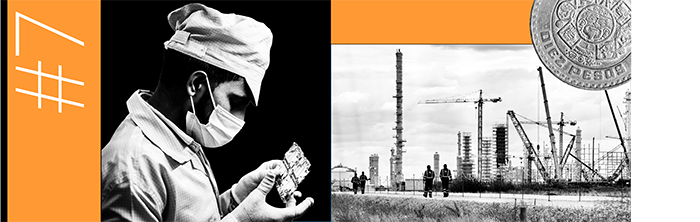 7. A worker inspects a smartphone component at a Realme factory in Noida, India, a Polish construction site and a Mexican 10 peso coin