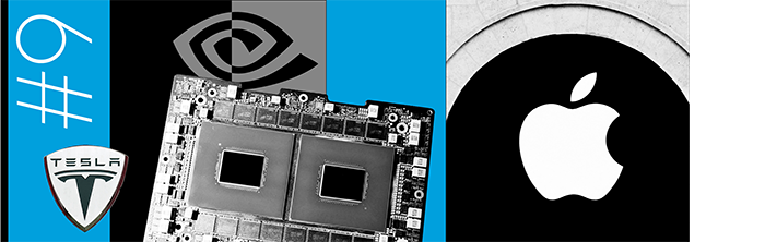 9. An Nvidia chip, a Tesla badge and the frontage of an Apple store