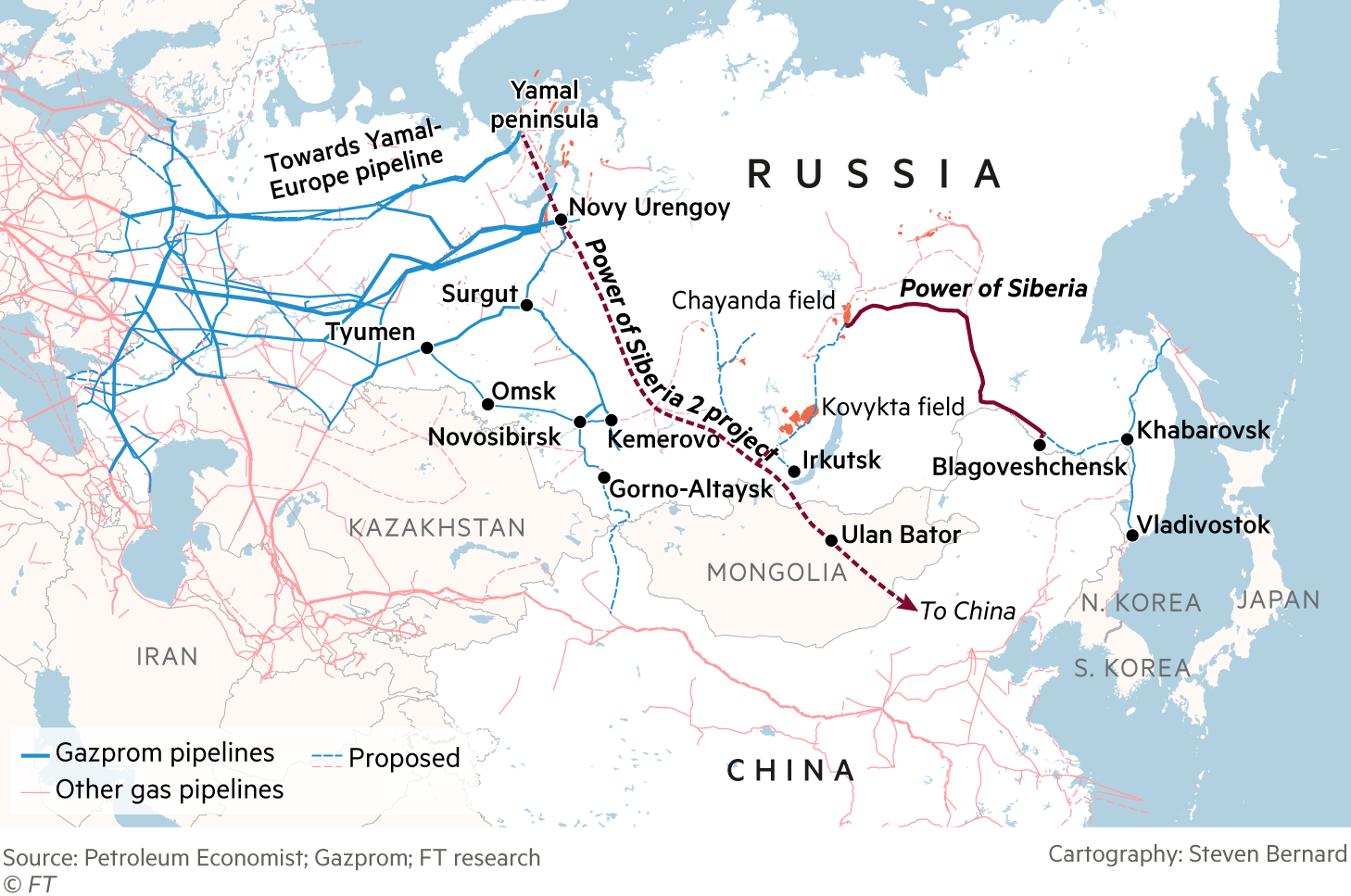 Map showing Gazprom pipelines across Asia including the proposed Power of Siberia 2 project running from the Yamal peninsula inside the Arctic Circle through Mongolia to northeast China
