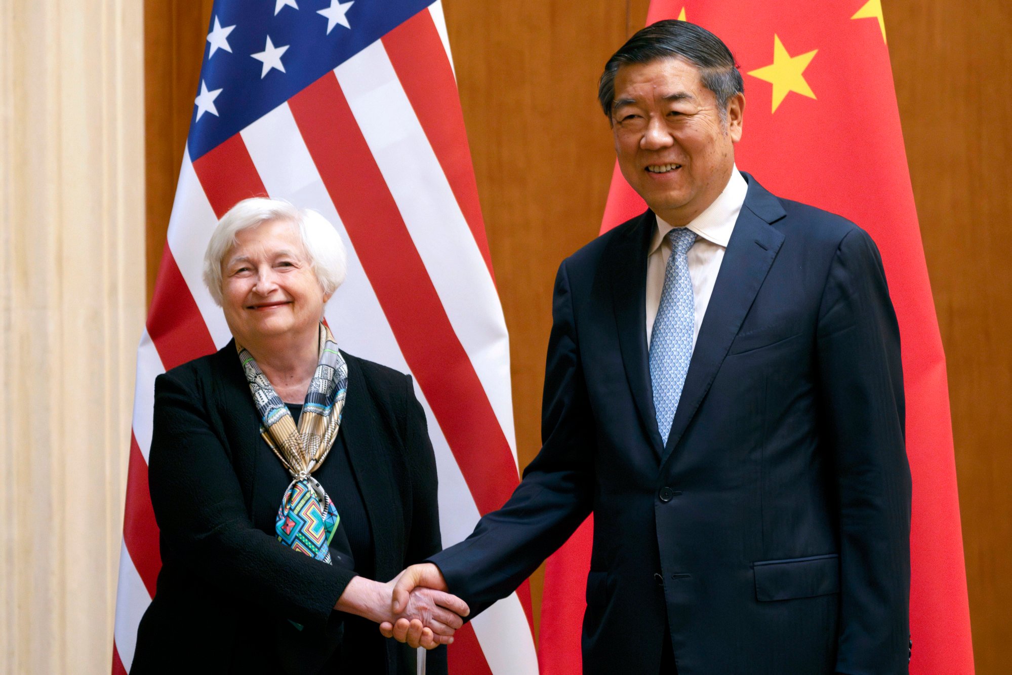 US Treasury Secretary Janet Yellen (left) shakes hands with Chinese Vice-Premier He Lifeng during their meeting in Beijing on July 8, 2023. Photo: AP
