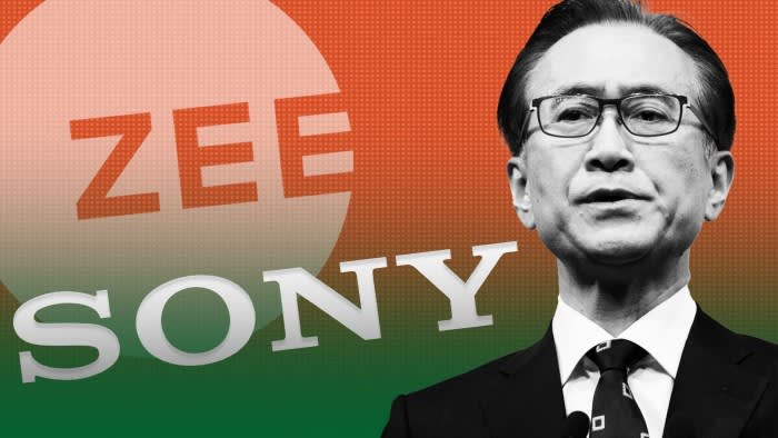 Logos of Zee Entertainment and Sony on an orange and green gradient background with an image of Kenichiro Yoshida, chairman and chief executive officer of Sony