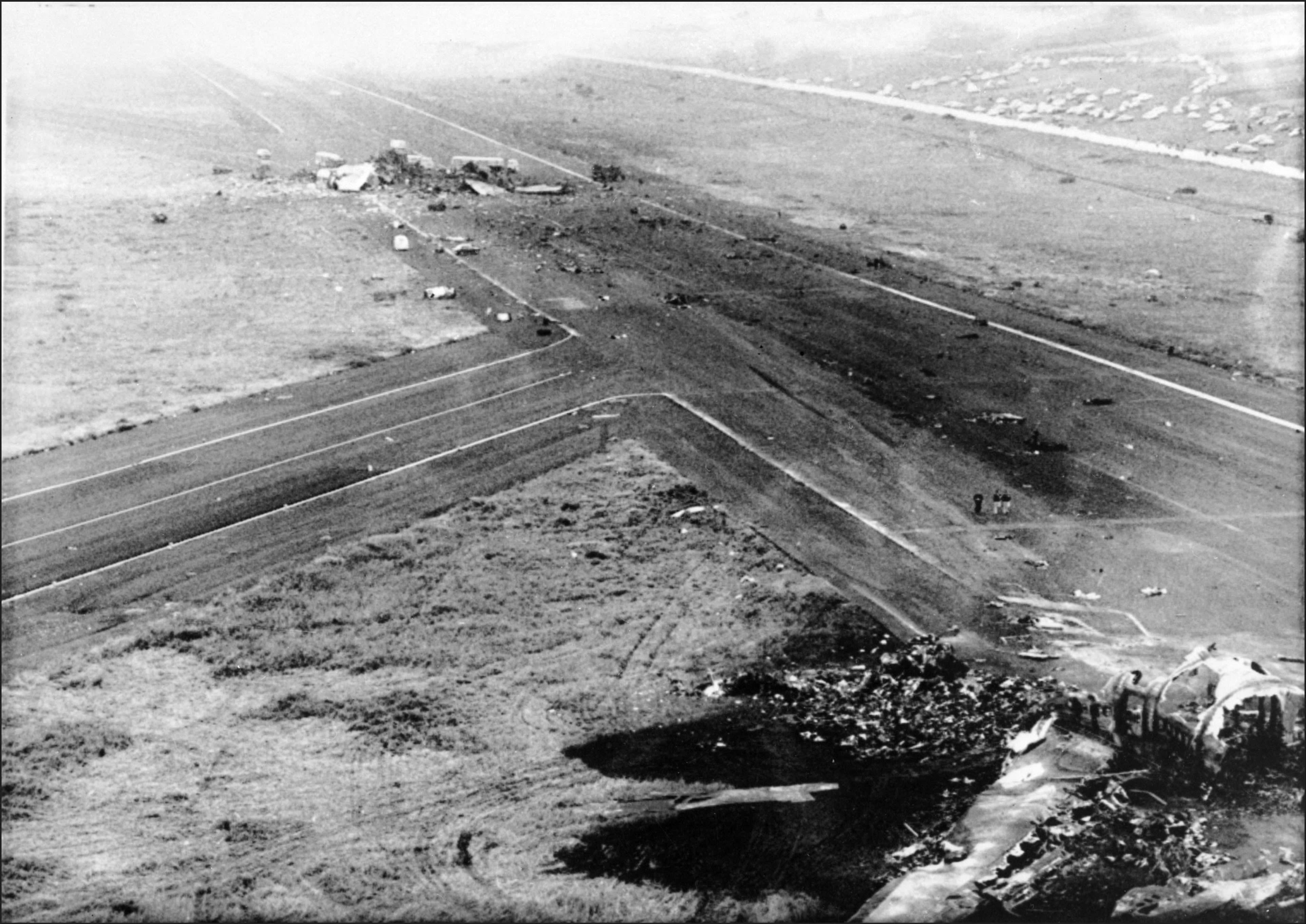 Aerial view of the remains of two carriers that collided on the runway at Santa Cruz De Tenerife airport in March 1977