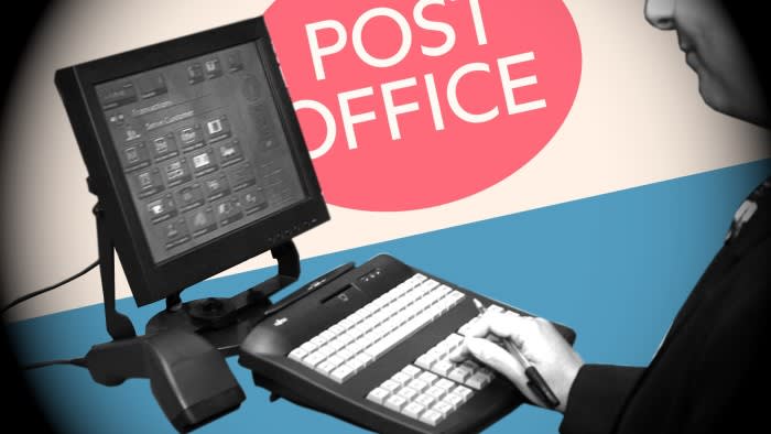 A montage of a Horizon terminal and a Post Office sign