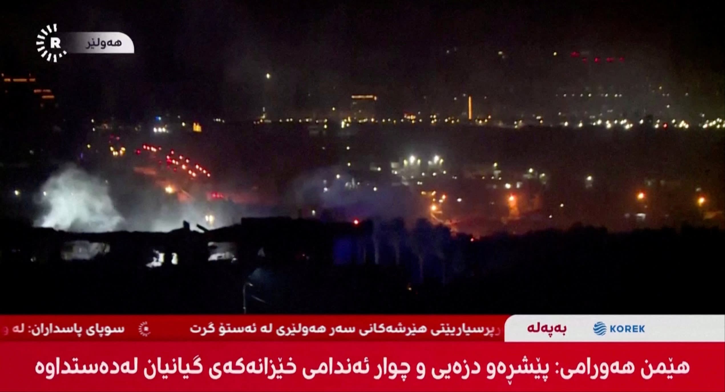 A TV station shows footage of Erbil during the Revolutionary Guards’ attack. The display of force was intended to send a warning message to the US, Israel and other regional powers