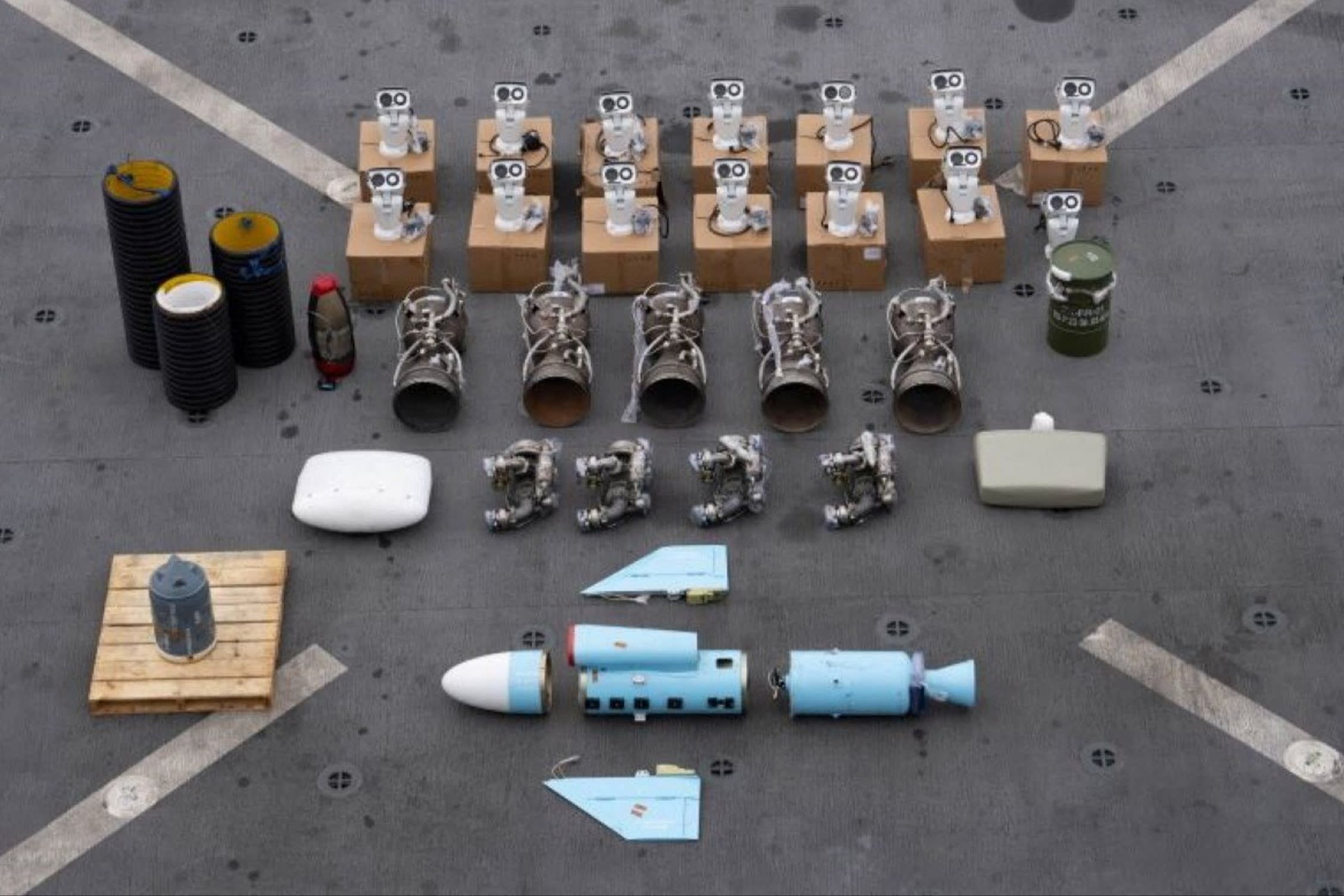 A US military picture shows what it says are Iranian-made missile components bound for Yemen’s Houthi group that the US seized off a vessel in the Arabian Sea