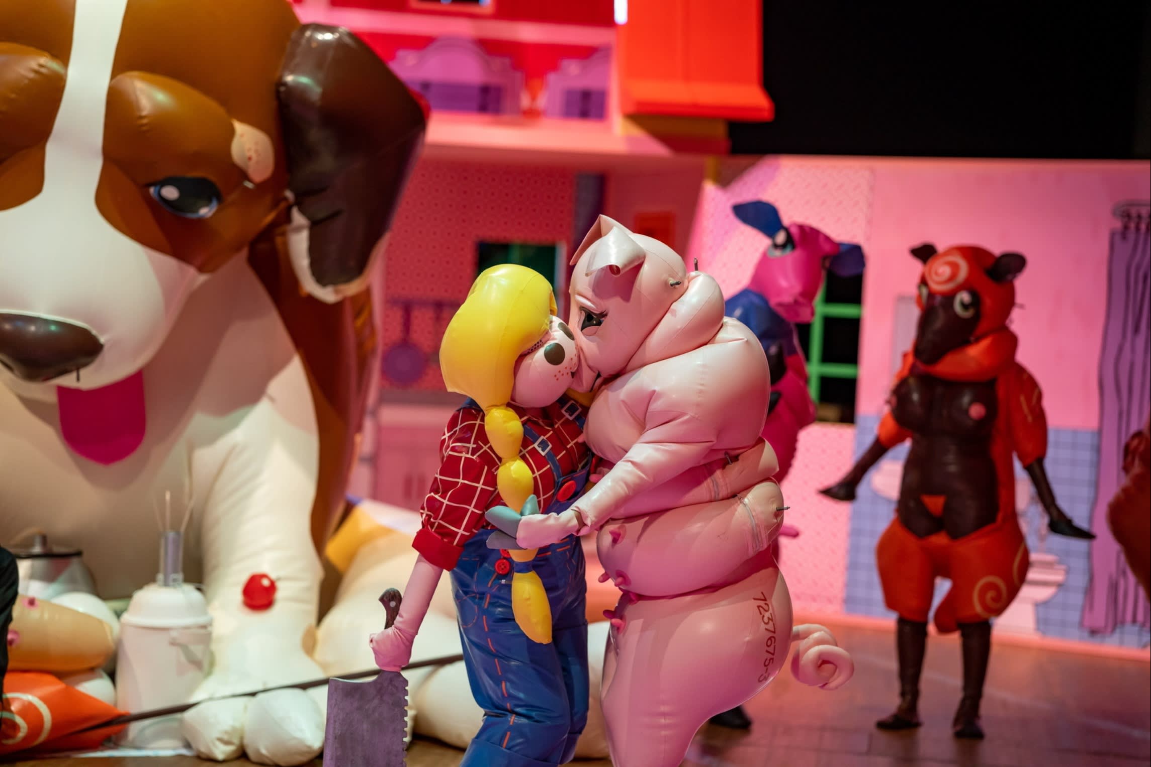 ‘Cycle of L’, 2020, by the Japanese contemporary artist Saeborg: an inflatable life-sized pig kissing an inflatable female lumberjack, surrounded by a giant inflatable puppy and sheep