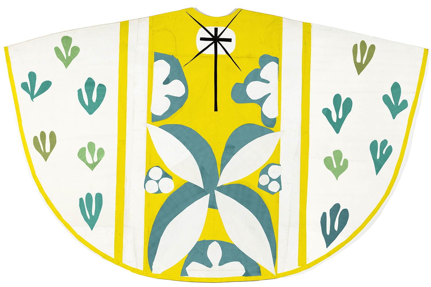White Chasuble’, 1950-51, by Matisse: a white and yellow chasuble decorated with leaf-shaped patterns and a thin crucifix