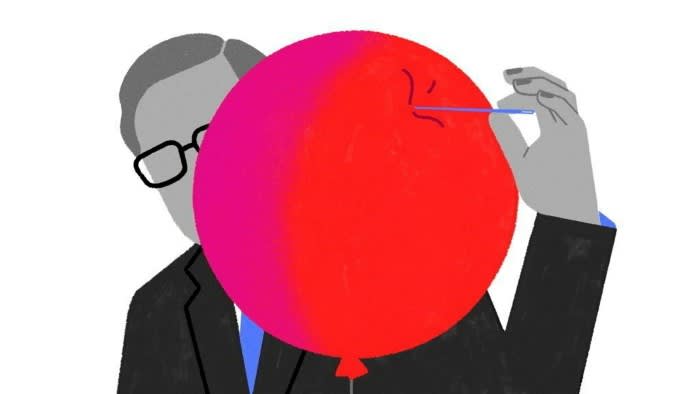Maria Hergueta illustration of a man holding a giant red balloon up next to his face, poking it with a needle