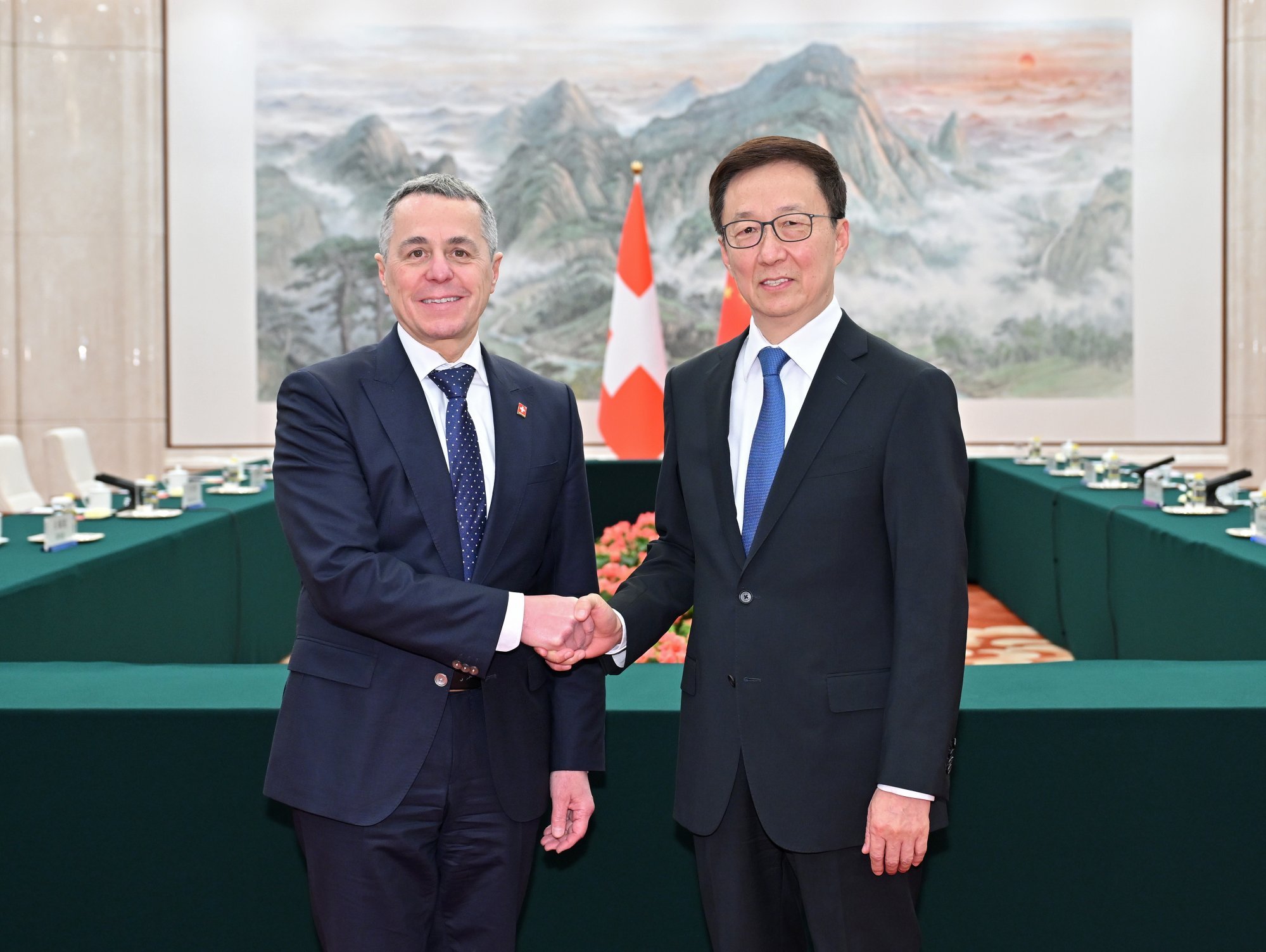Chinese Vice-President Han Zheng meets Swiss Foreign Minister Ignazio Cassis in Beijing on Tuesday. Photo: EPA-EFE/XINHUA