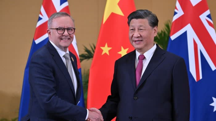 Australia’s prime minister Anthony Albanese, left, and China’s president Xi Jinping meet on the sidelines of the G20 summit in Indonesia in November