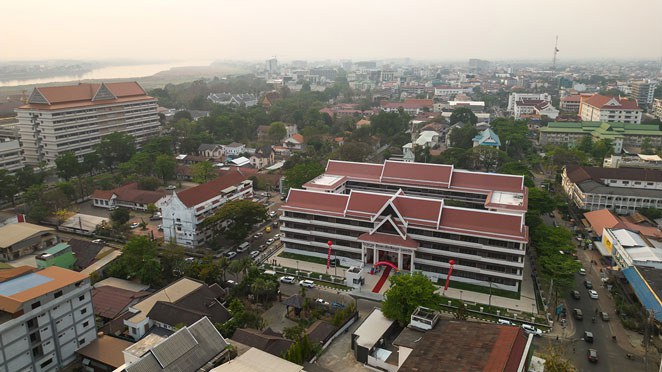 Chinese companies built the Phiawath Complete Secondary School building in Vientiane, capital of Laos. It is seen on March 30, 2023, before its handover to Laos. (Kaikeo Saiyasane/Xinhua via Getty Images)