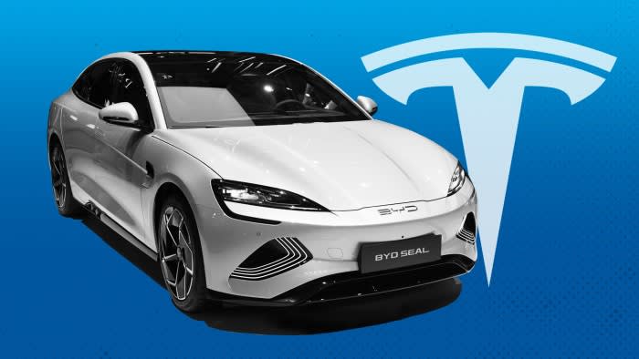 A montage of a BYD car and the Tesla logo
