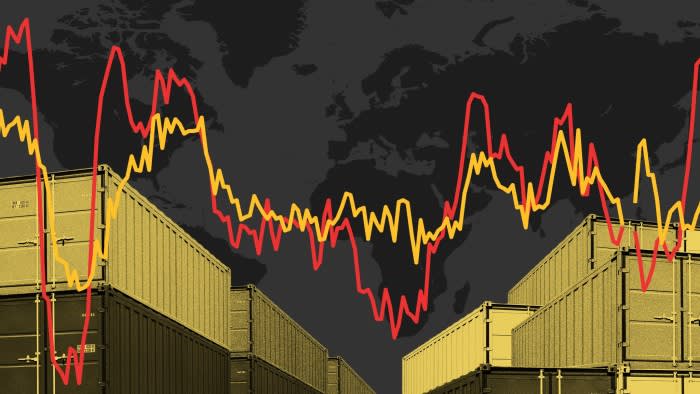 Montage of world map, shipping containers and chart
