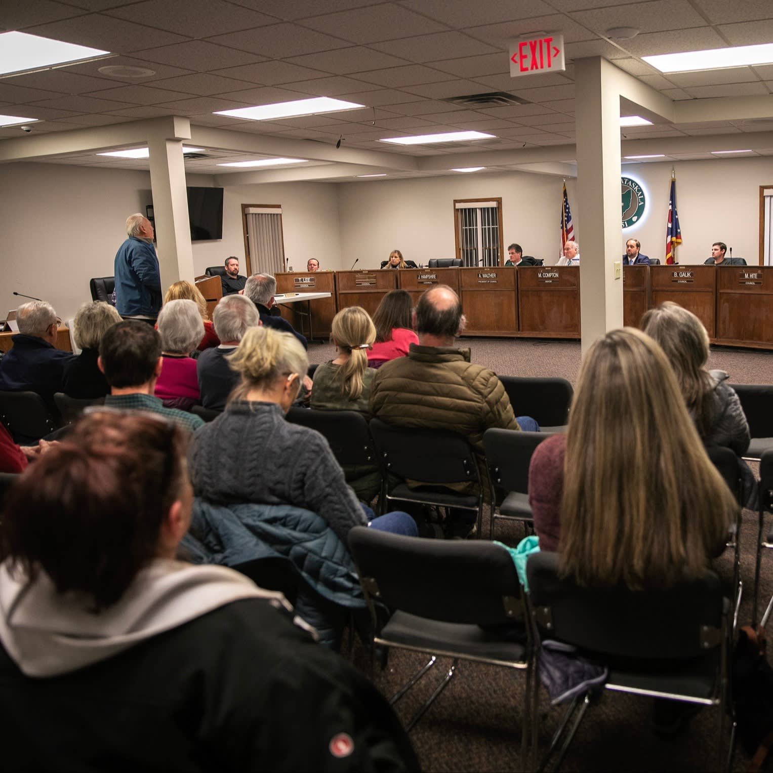 A city council meeting last month in Pataskala, Ohio, where people expressed concerns about the Illuminate USA factory