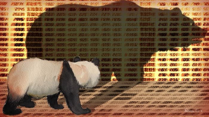 Illustration of a panda casting a shadow over lots of numbers