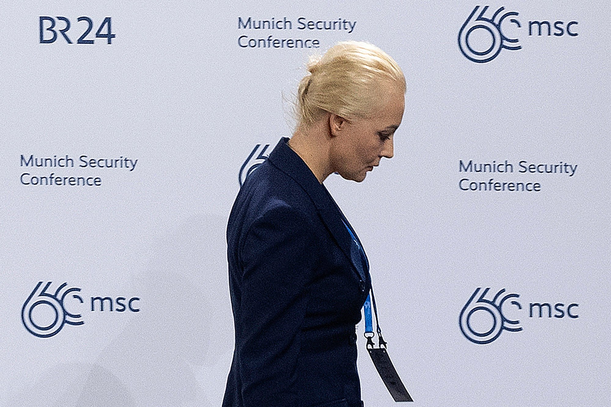 Yulia Navalny leaving the conference after speaking there just hours after Russian state media reported her husband’s death. Photo: dpa via AP