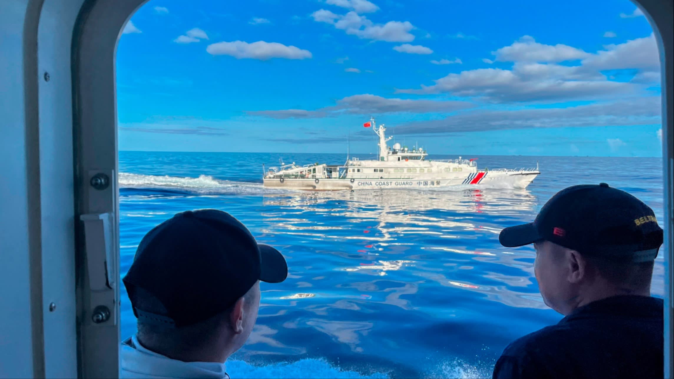 A Chinese coastguard vessel viewed from a Philippine coastguard ship near the Second Thomas Shoal