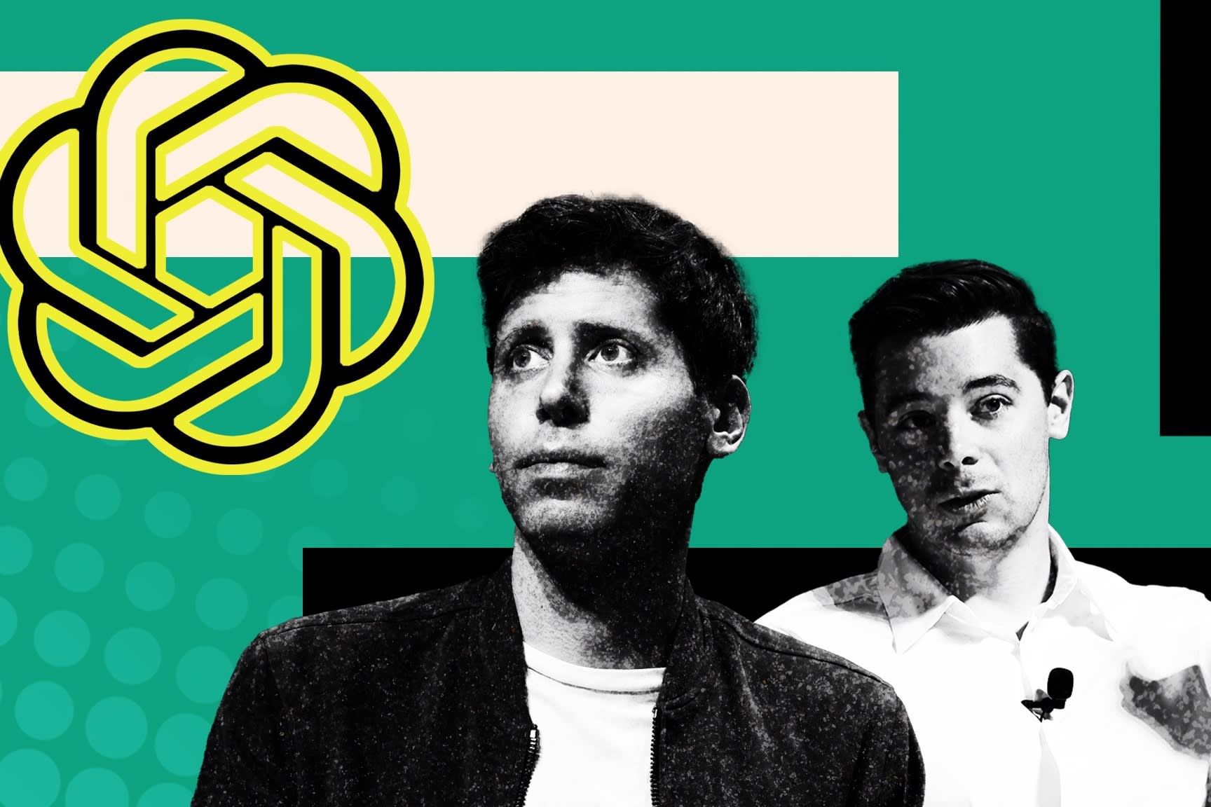 OpenAI CEO Sam Altman and COO Brad Lightcap with the OpenAI logo in background