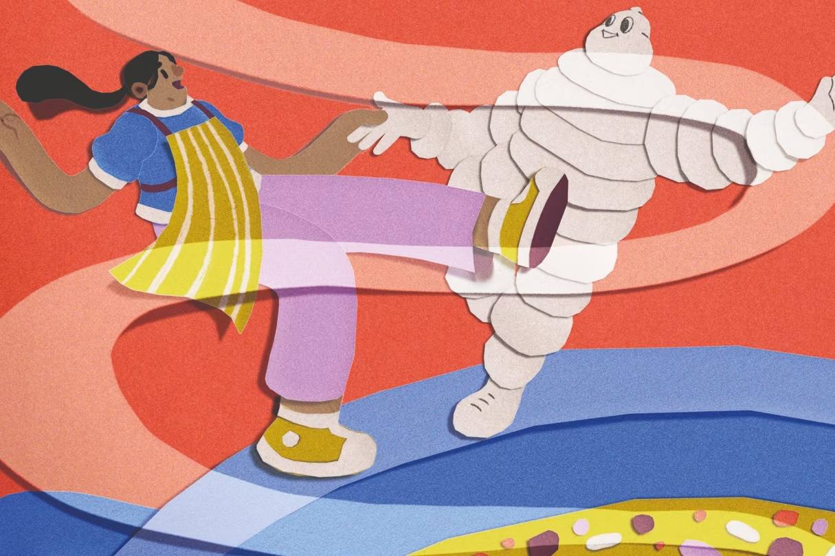 cartoon illustration of a chef dancing with the Michelin man