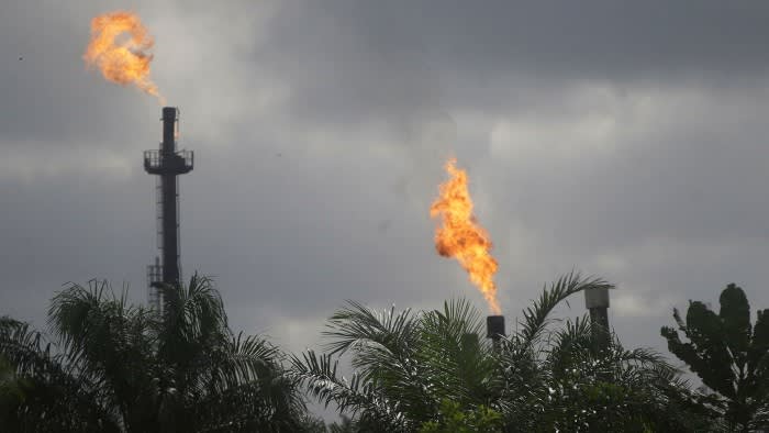Flames surge from pipes with palm trees in the foreground