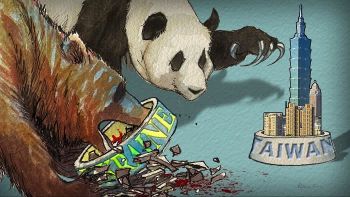 James Ferguson illustration of a brown bear eating and spilling its food from a plate with Ukraine written on it, while a panda bear approaches a plate with Taiwan written on it and a mini city perched on top of it