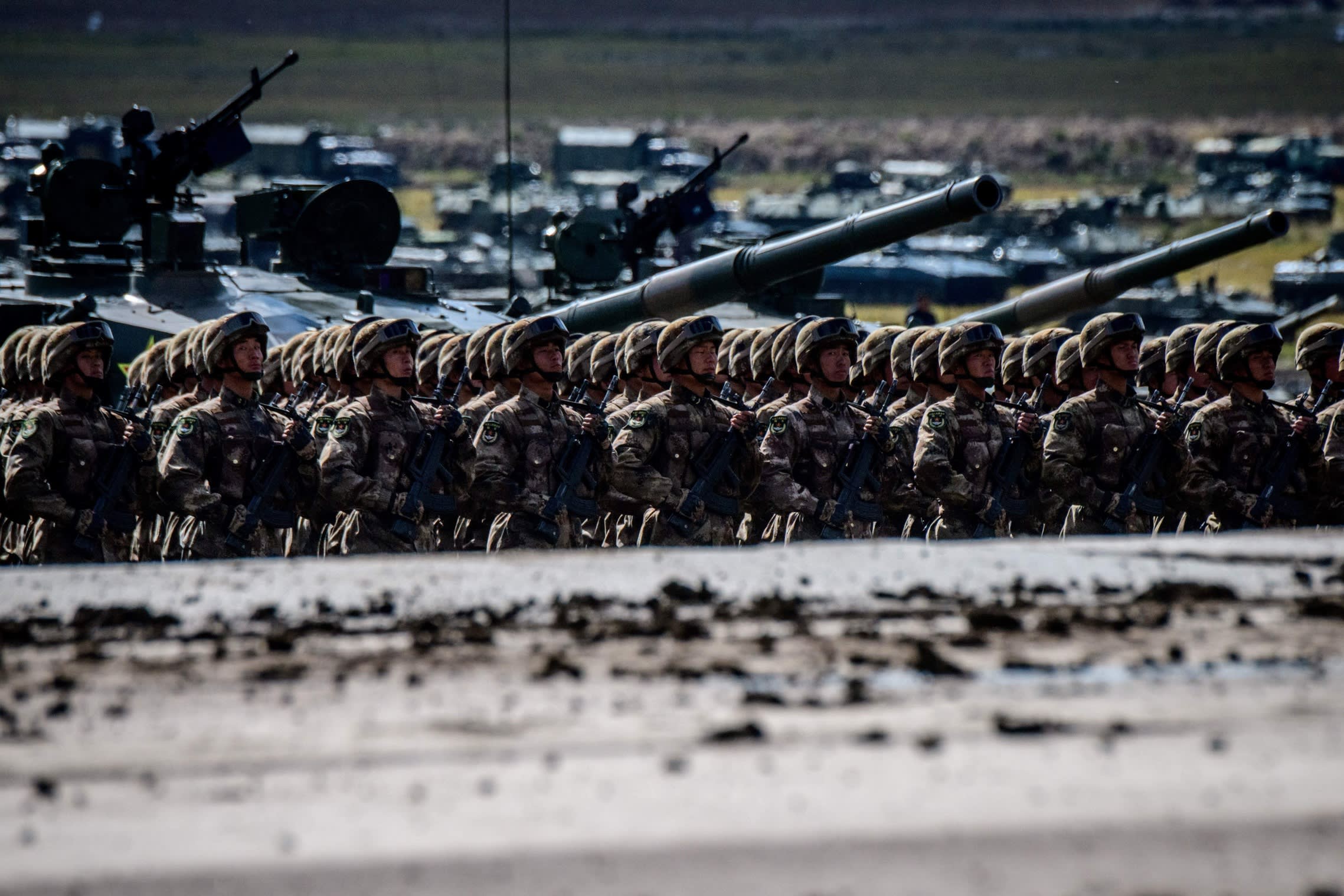 Chinese troops parade during Russia’s Vostok 2018 military exercise.