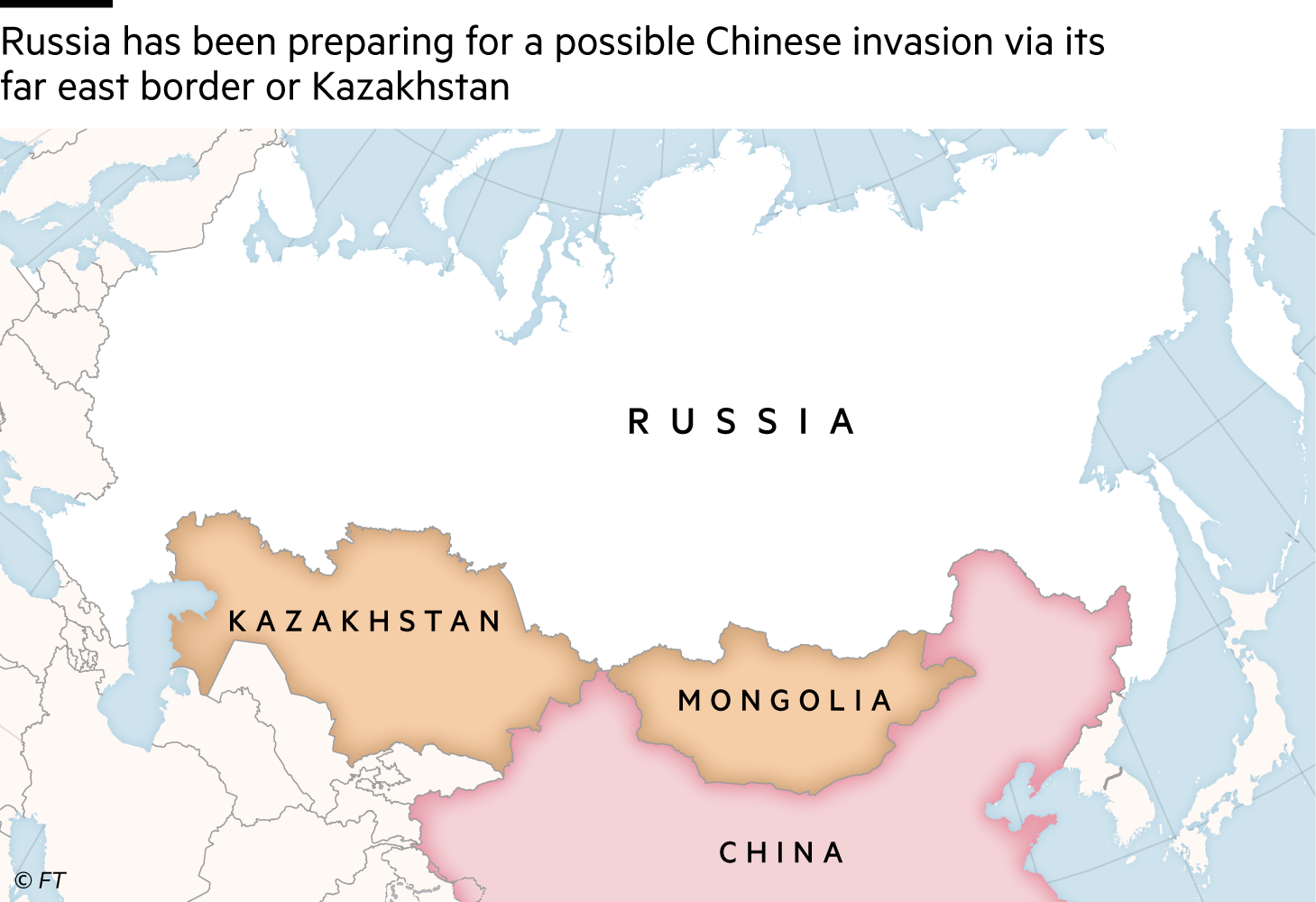 Map showing Russia and it’s neighbours to the south, Kazakhstan, Mongolia and China