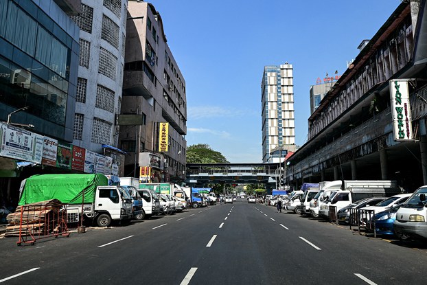 The 'Silent Strike' marking the third anniversary of the Myanmar military coup leaves a street in Yangon nearly empty, Feb. 1, 2024. (AFP)