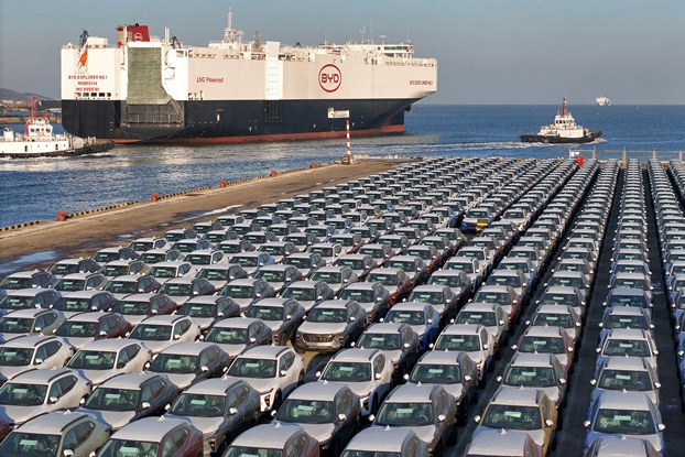 ENG_CHN_INTERVIEWFrankDikotter_02222024.8.jpg Electric cars for export wait to be loaded on the BYD Explorer No. 1, a domestically manufactured vessel intended to export Chinese automobiles, at Yantai port in eastern China's Shandong province, Jan. 10, 2024. (AFP)