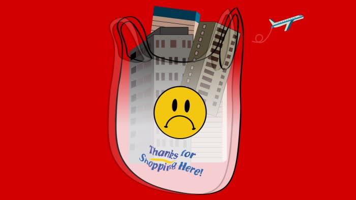Illustration of a plastic shopping bag with a yellow sad face on it and full of buildings/properties