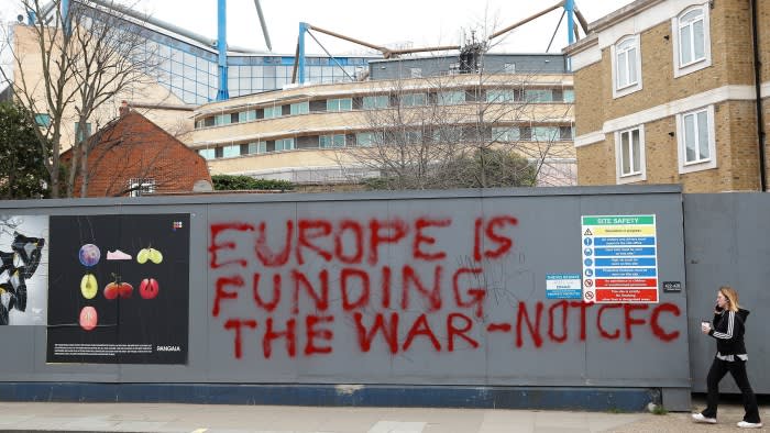 Graffiti next to Chelsea Football Club’s stadium that reads: ‘Europe is funding the war — not CFC’