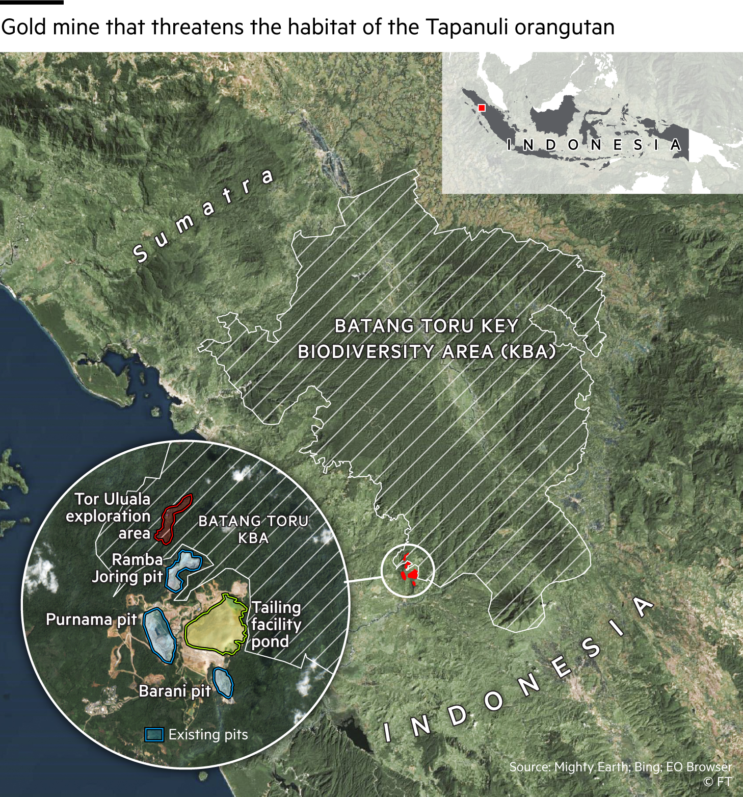 Map showing the Batang Toru Key Biodiversity Area in Sumatra Indonesia, where a gold mine expansion threatens the habitat of the Tapanuli orangutan