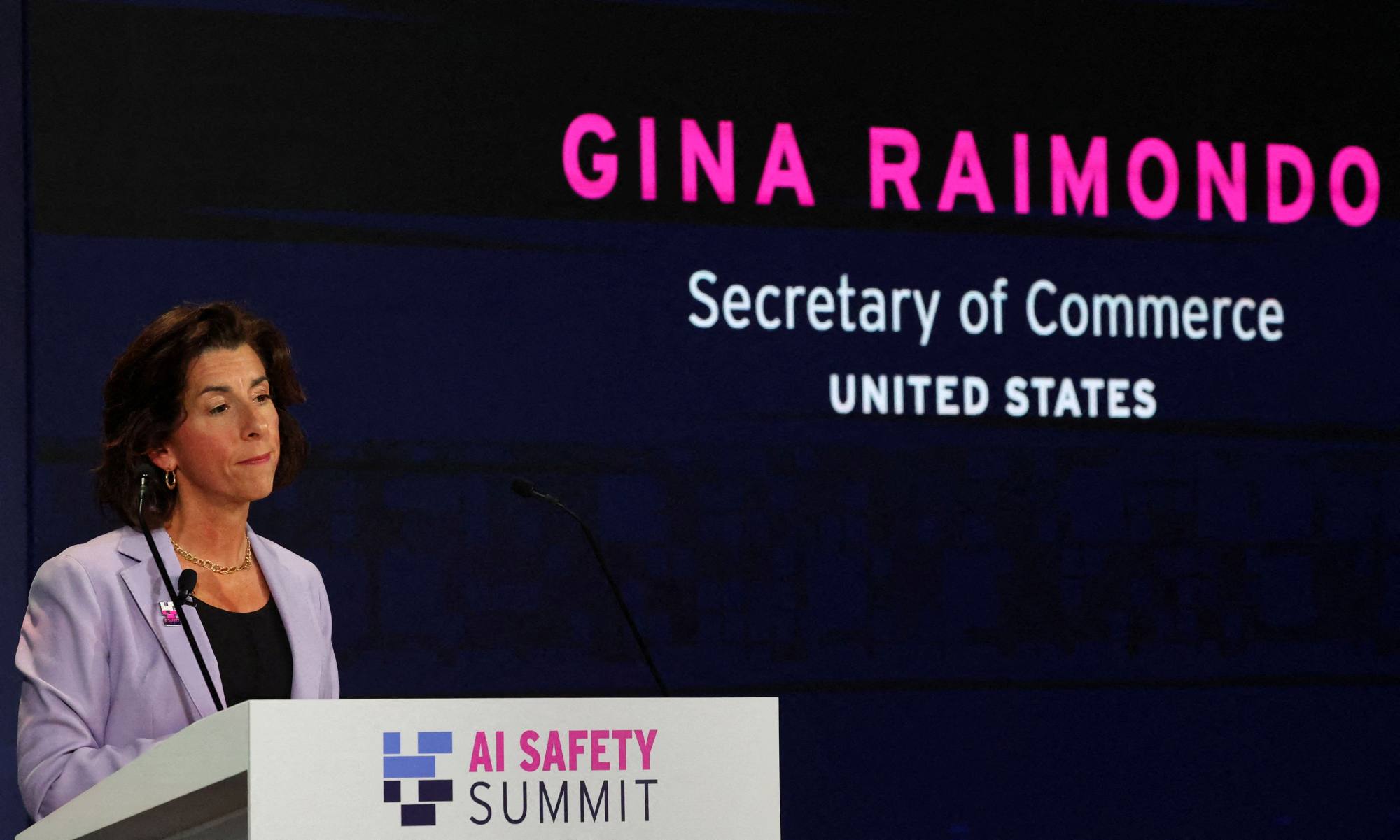 US Commerce Secretary Gina Raimondo speaks during the UK Artificial Intelligence Safety Summit at Bletchley Park in Britain on November 1. Photo: AFP