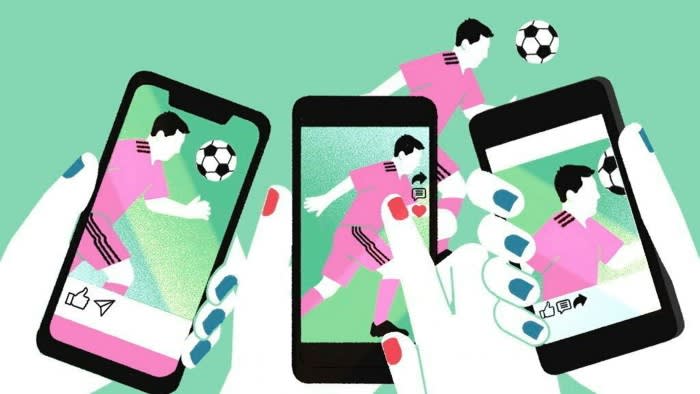 María Hergueta illustration of three mobile phones in hands with painted nails - each screen showing a footballer in pink shirt running with a black & white football in front of his head.