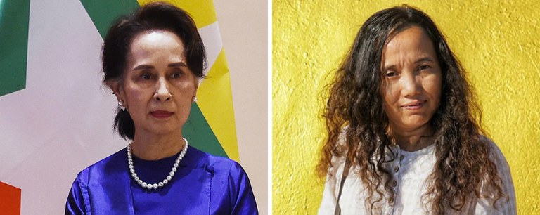 Myanmar’s civilian leader Aung San Suu Kyi, left, and documentary filmmaker Shin Daewe have received long prison sentences. (AFP, left, and Facebook/Mg Ko Oo)