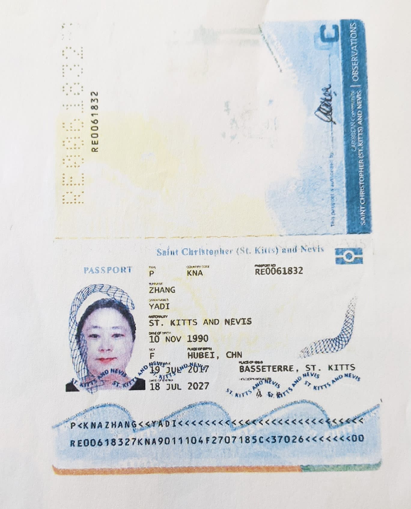 Zhimin Qian used Yadi Zhang’s name to obtain a St Kitts and Nevis passport in July 2017
