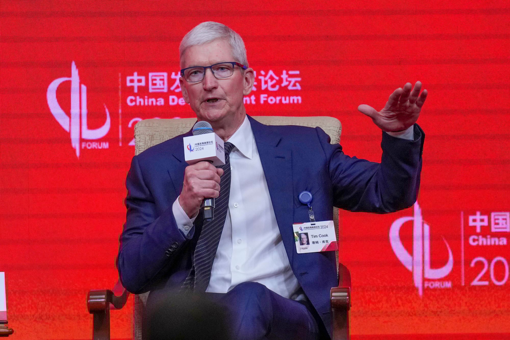 Apple CEO Tim Cook spoke at the China Development Forum at the Diaoyutai State Guesthouse in Beijing. Photo: AP Photo