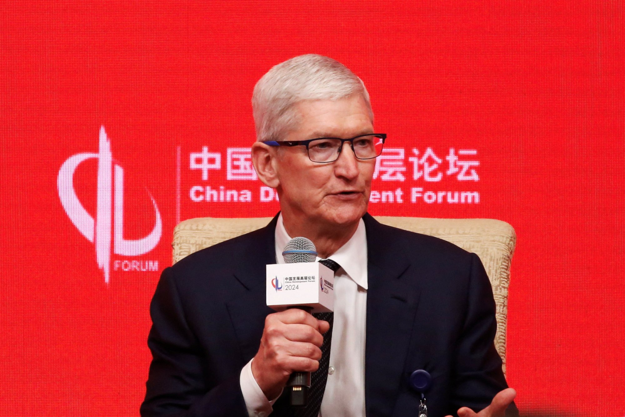 Apple CEO Tim Cook speaks at the China Development Forum in Beijing, March 24, 2024. Photo: Reuters