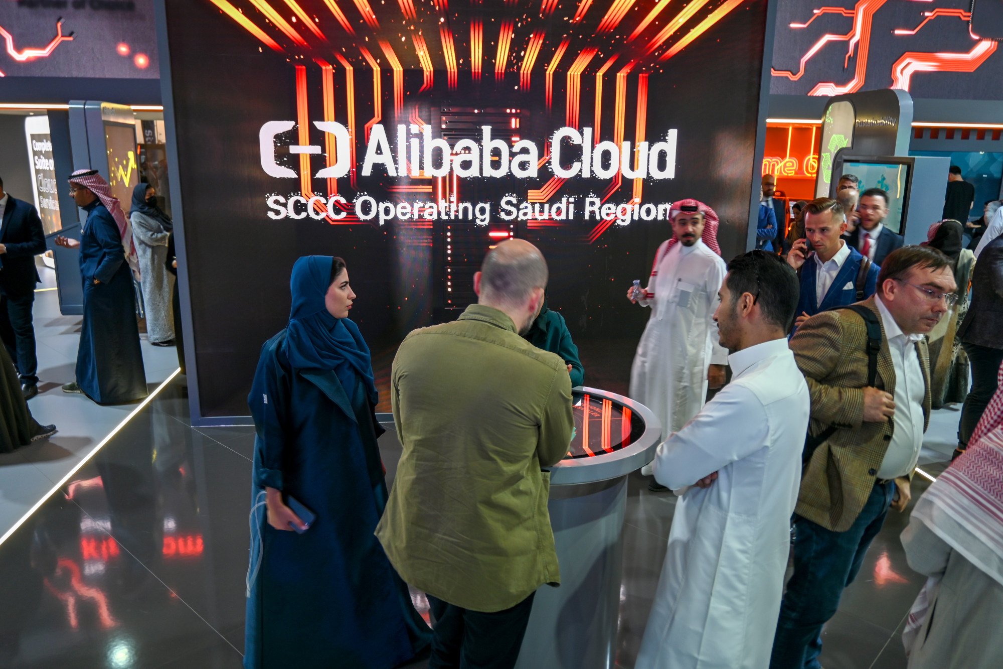 The booth for Alibaba Cloud at the Leap conference in Riyadh, Saudi Arabia, on March 4, 2024. Photo: SCMP/Matt Haldane